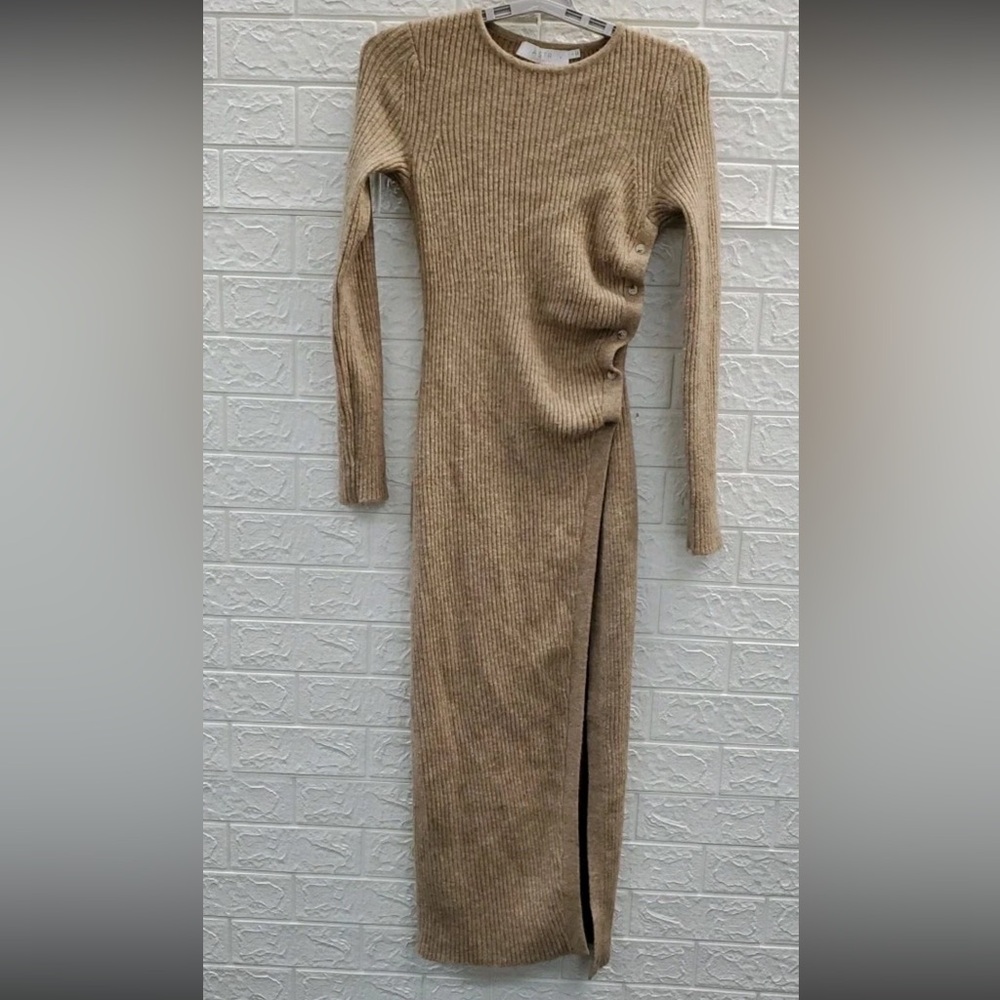 ASTR Ribbed Hi Slit Button Ruched
Sweater Dress Tan